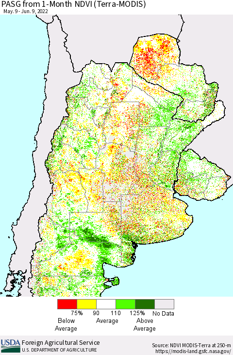 Southern South America PASG from 1-Month NDVI (Terra-MODIS) Thematic Map For 6/1/2022 - 6/10/2022