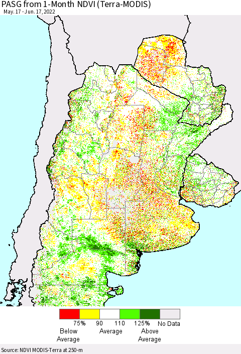 Southern South America PASG from 1-Month NDVI (Terra-MODIS) Thematic Map For 6/10/2022 - 6/17/2022
