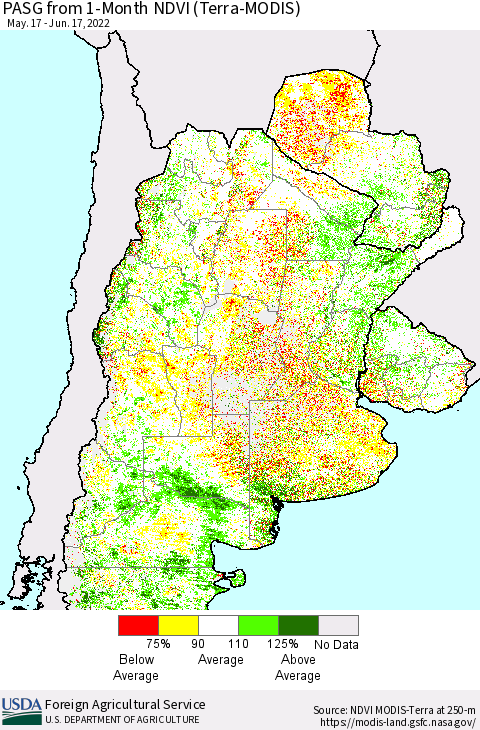 Southern South America PASG from 1-Month NDVI (Terra-MODIS) Thematic Map For 6/11/2022 - 6/20/2022
