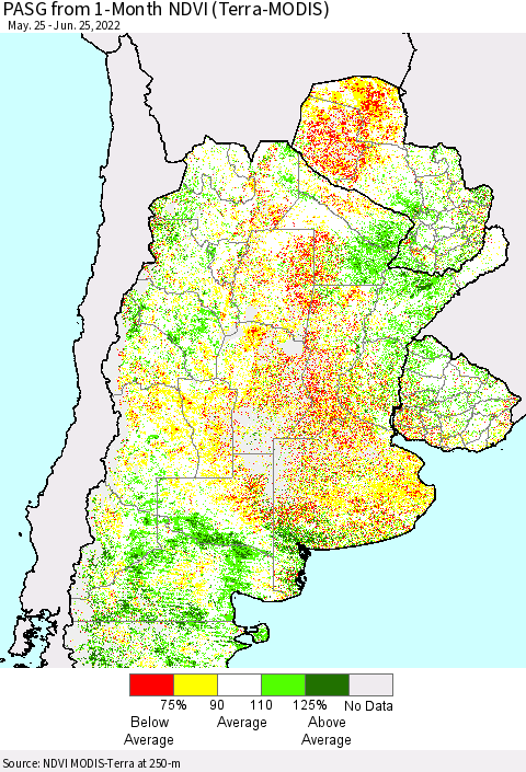 Southern South America PASG from 1-Month NDVI (Terra-MODIS) Thematic Map For 6/18/2022 - 6/25/2022