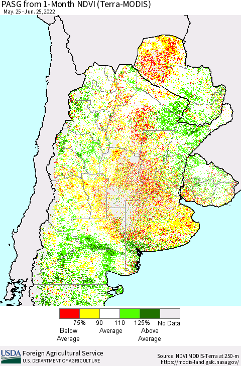 Southern South America PASG from 1-Month NDVI (Terra-MODIS) Thematic Map For 6/21/2022 - 6/30/2022