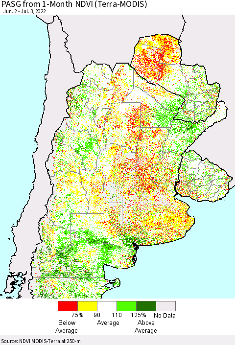 Southern South America PASG from 1-Month NDVI (Terra-MODIS) Thematic Map For 6/26/2022 - 7/3/2022