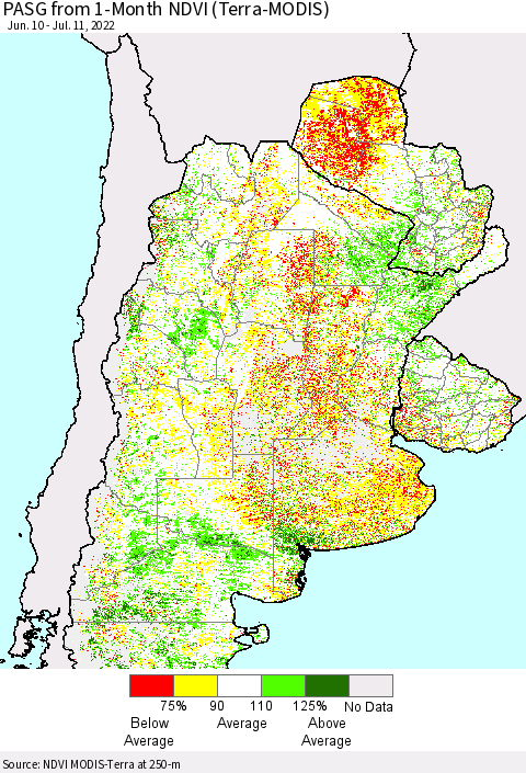 Southern South America PASG from 1-Month NDVI (Terra-MODIS) Thematic Map For 7/4/2022 - 7/11/2022