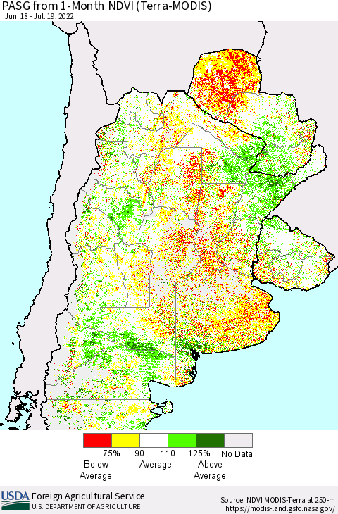 Southern South America PASG from 1-Month NDVI (Terra-MODIS) Thematic Map For 7/11/2022 - 7/20/2022