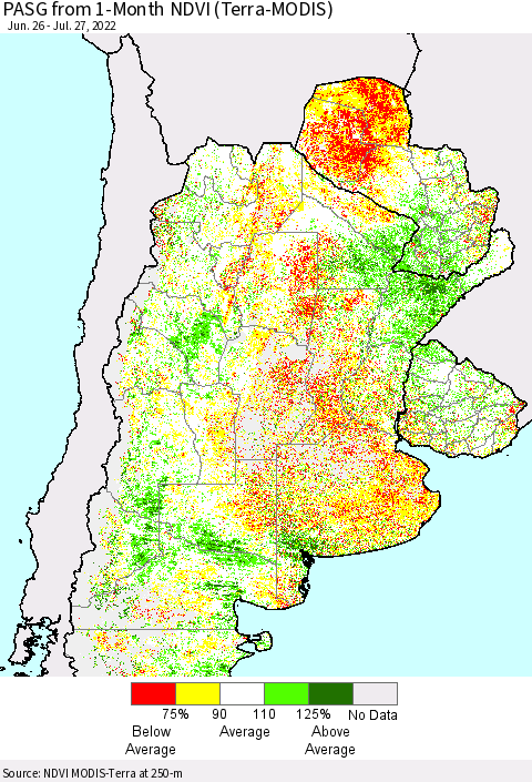 Southern South America PASG from 1-Month NDVI (Terra-MODIS) Thematic Map For 7/20/2022 - 7/27/2022
