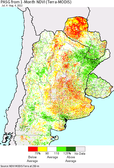 Southern South America PASG from 1-Month NDVI (Terra-MODIS) Thematic Map For 7/28/2022 - 8/4/2022