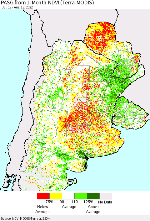 Southern South America PASG from 1-Month NDVI (Terra-MODIS) Thematic Map For 8/5/2022 - 8/12/2022