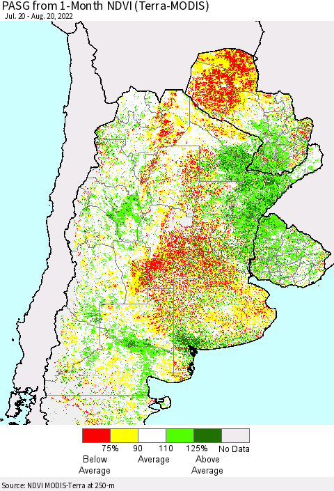 Southern South America PASG from 1-Month NDVI (Terra-MODIS) Thematic Map For 8/11/2022 - 8/20/2022