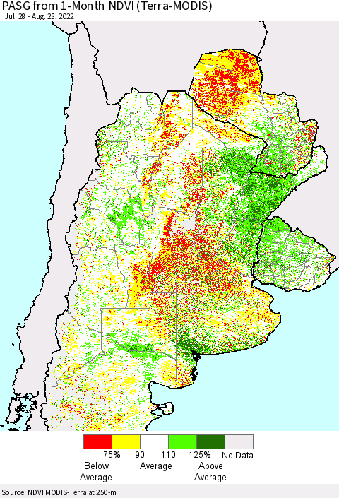 Southern South America PASG from 1-Month NDVI (Terra-MODIS) Thematic Map For 8/21/2022 - 8/28/2022