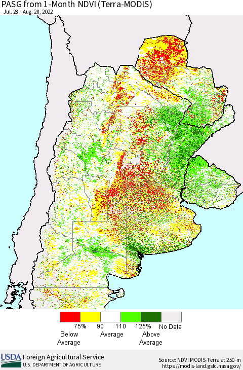 Southern South America PASG from 1-Month NDVI (Terra-MODIS) Thematic Map For 8/21/2022 - 8/31/2022