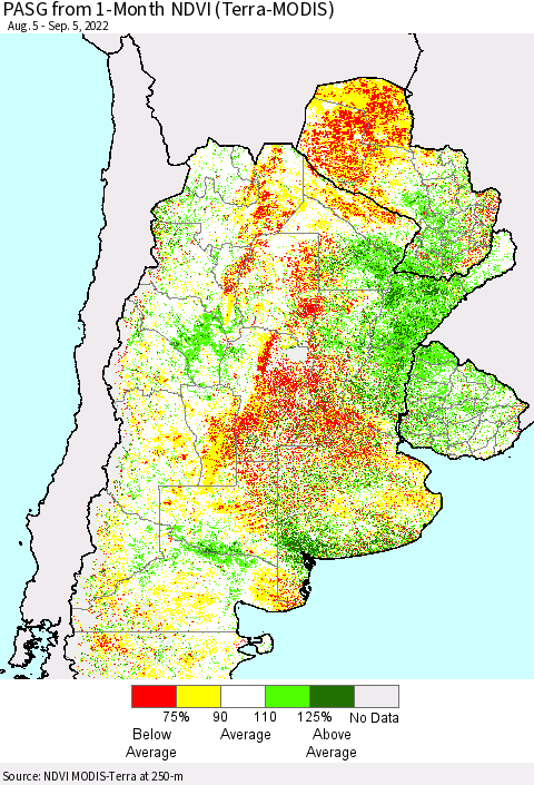 Southern South America PASG from 1-Month NDVI (Terra-MODIS) Thematic Map For 8/29/2022 - 9/5/2022