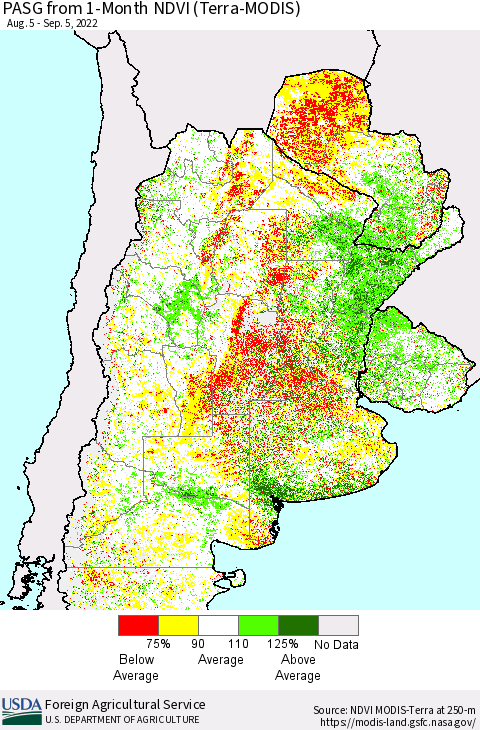 Southern South America PASG from 1-Month NDVI (Terra-MODIS) Thematic Map For 9/1/2022 - 9/10/2022