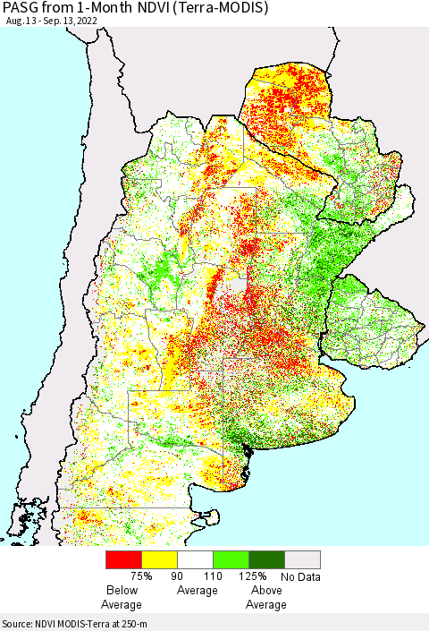 Southern South America PASG from 1-Month NDVI (Terra-MODIS) Thematic Map For 9/6/2022 - 9/13/2022
