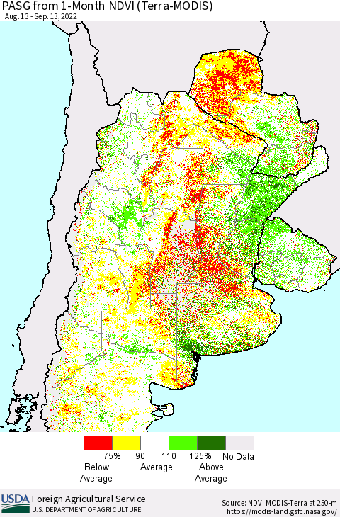 Southern South America PASG from 1-Month NDVI (Terra-MODIS) Thematic Map For 9/11/2022 - 9/20/2022