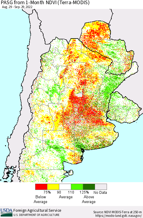Southern South America PASG from 1-Month NDVI (Terra-MODIS) Thematic Map For 9/21/2022 - 9/30/2022