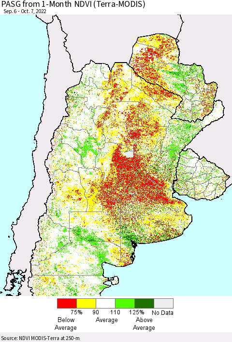 Southern South America PASG from 1-Month NDVI (Terra-MODIS) Thematic Map For 9/30/2022 - 10/7/2022
