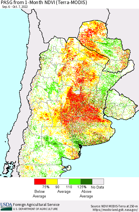 Southern South America PASG from 1-Month NDVI (Terra-MODIS) Thematic Map For 10/1/2022 - 10/10/2022