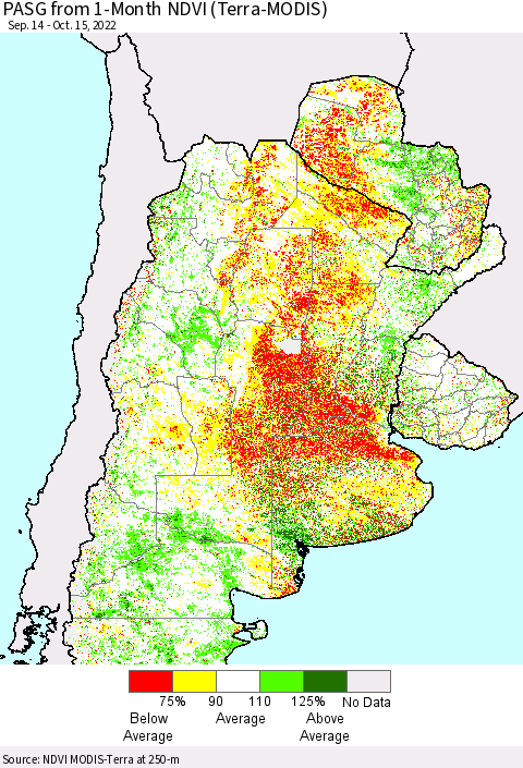 Southern South America PASG from 1-Month NDVI (Terra-MODIS) Thematic Map For 10/8/2022 - 10/15/2022
