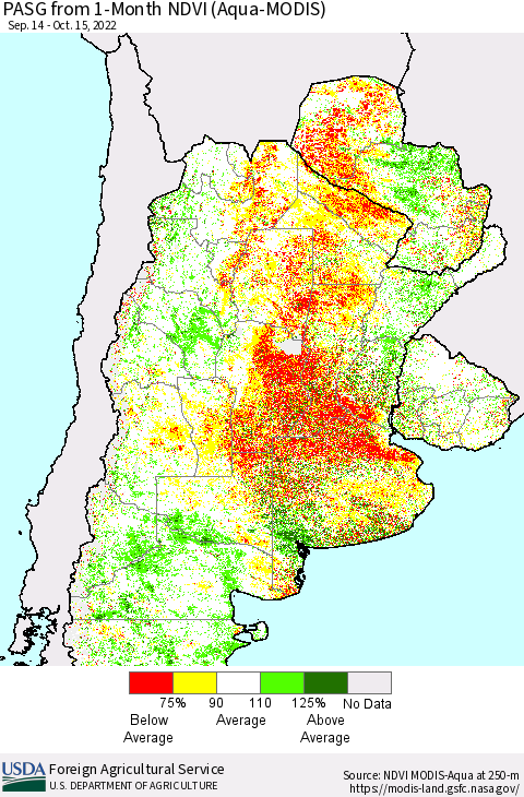 Southern South America PASG from 1-Month NDVI (Terra-MODIS) Thematic Map For 10/11/2022 - 10/20/2022