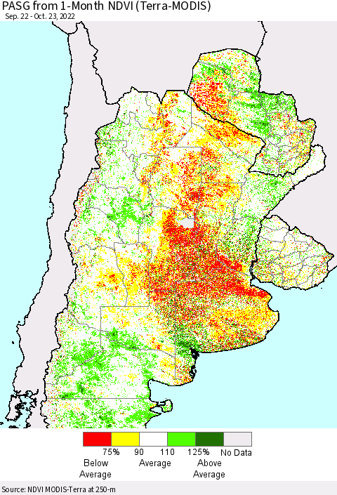 Southern South America PASG from 1-Month NDVI (Terra-MODIS) Thematic Map For 10/16/2022 - 10/23/2022