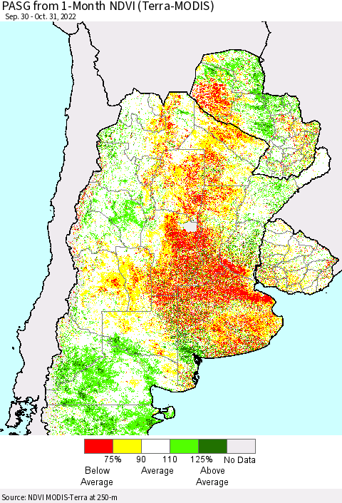 Southern South America PASG from 1-Month NDVI (Terra-MODIS) Thematic Map For 10/21/2022 - 10/31/2022
