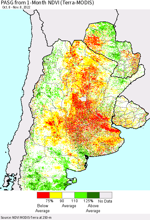 Southern South America PASG from 1-Month NDVI (Terra-MODIS) Thematic Map For 11/1/2022 - 11/8/2022