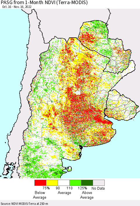 Southern South America PASG from 1-Month NDVI (Terra-MODIS) Thematic Map For 11/9/2022 - 11/16/2022
