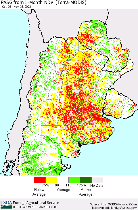 Southern South America PASG from 1-Month NDVI (Terra-MODIS) Thematic Map For 11/11/2022 - 11/20/2022