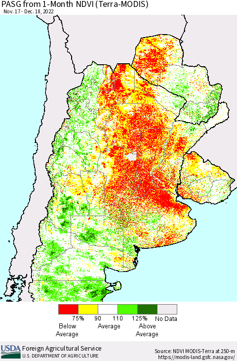Southern South America PASG from 1-Month NDVI (Terra-MODIS) Thematic Map For 12/11/2022 - 12/20/2022