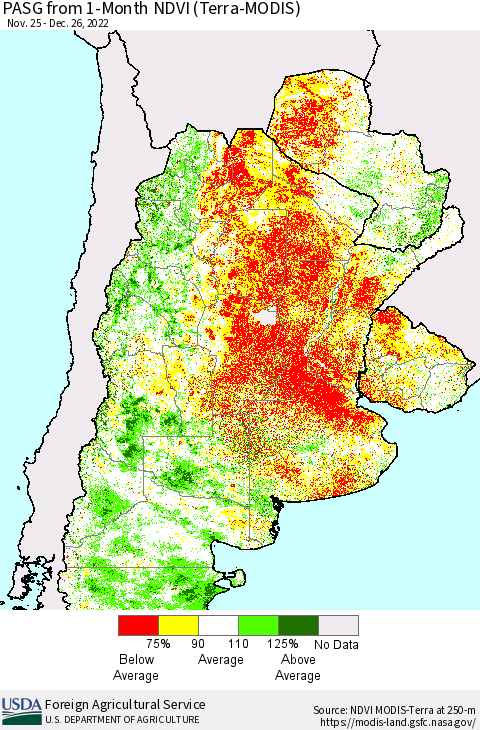 Southern South America PASG from 1-Month NDVI (Terra-MODIS) Thematic Map For 12/21/2022 - 12/31/2022
