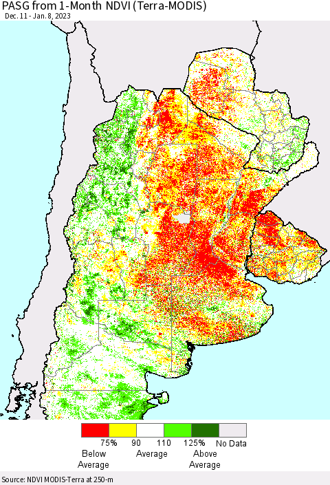 Southern South America PASG from 1-Month NDVI (Terra-MODIS) Thematic Map For 1/1/2023 - 1/8/2023