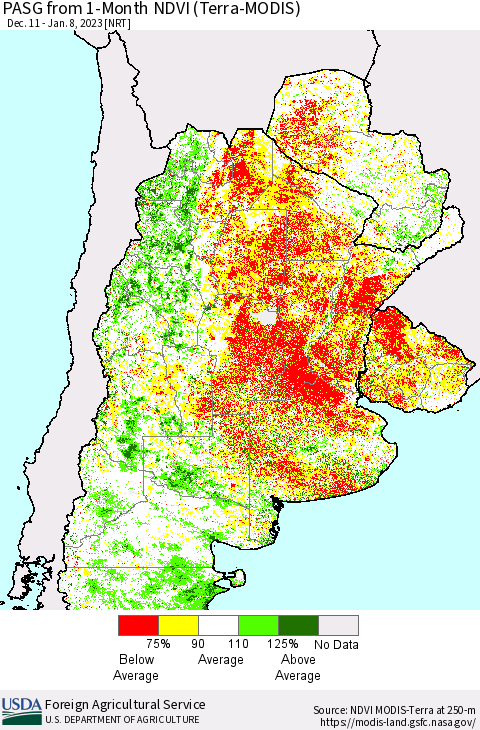 Southern South America PASG from 1-Month NDVI (Terra-MODIS) Thematic Map For 1/1/2023 - 1/10/2023