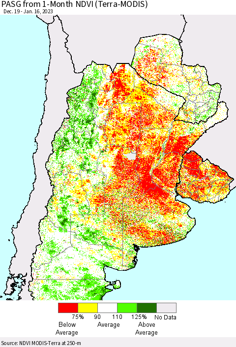 Southern South America PASG from 1-Month NDVI (Terra-MODIS) Thematic Map For 1/9/2023 - 1/16/2023