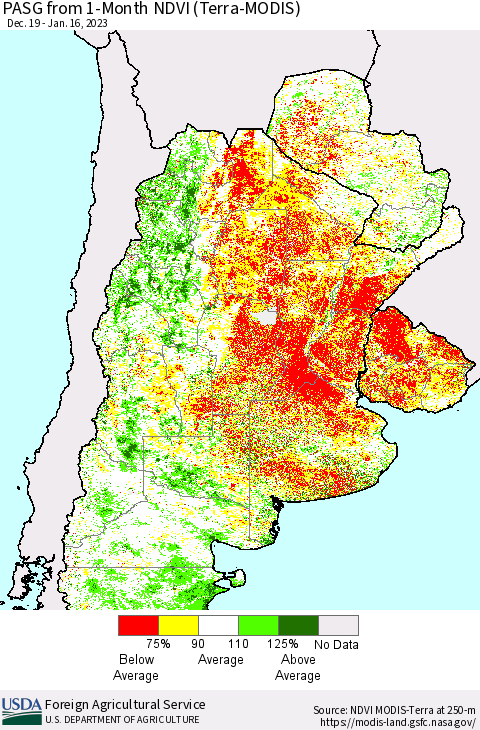 Southern South America PASG from 1-Month NDVI (Terra-MODIS) Thematic Map For 1/11/2023 - 1/20/2023