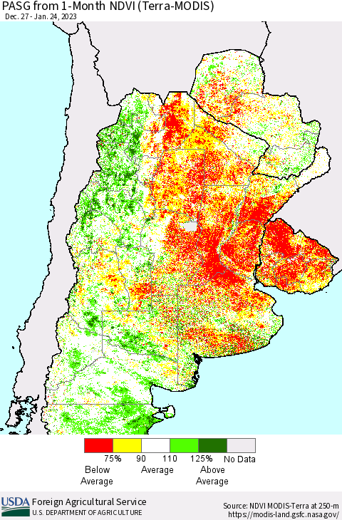 Southern South America PASG from 1-Month NDVI (Terra-MODIS) Thematic Map For 1/21/2023 - 1/31/2023