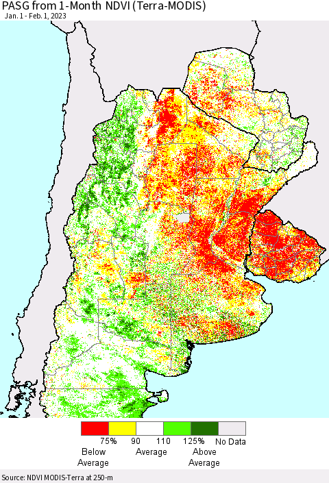 Southern South America PASG from 1-Month NDVI (Terra-MODIS) Thematic Map For 1/25/2023 - 2/1/2023