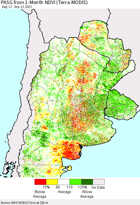 Southern South America PASG from 1-Month NDVI (Terra-MODIS) Thematic Map For 9/6/2023 - 9/13/2023