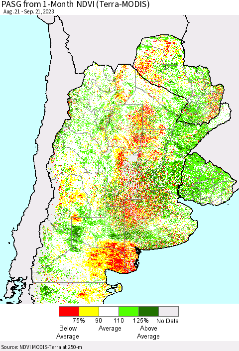 Southern South America PASG from 1-Month NDVI (Terra-MODIS) Thematic Map For 9/14/2023 - 9/21/2023