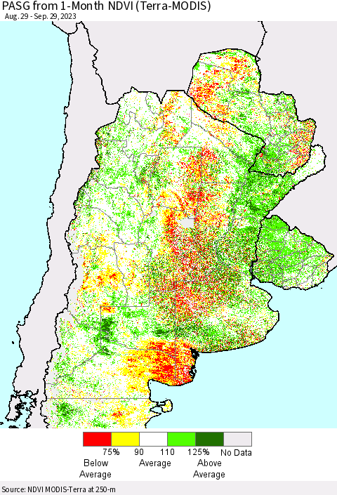 Southern South America PASG from 1-Month NDVI (Terra-MODIS) Thematic Map For 9/22/2023 - 9/29/2023