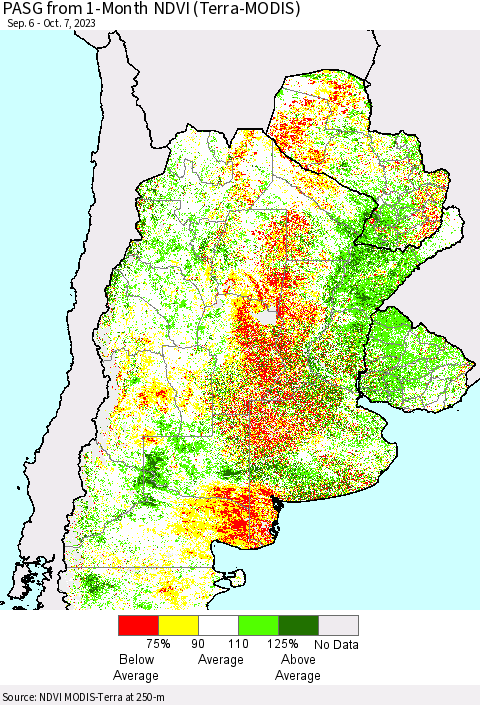 Southern South America PASG from 1-Month NDVI (Terra-MODIS) Thematic Map For 9/30/2023 - 10/7/2023