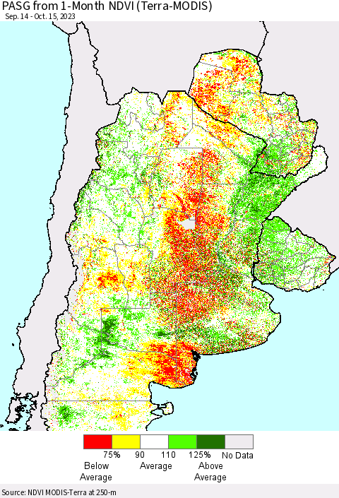 Southern South America PASG from 1-Month NDVI (Terra-MODIS) Thematic Map For 10/8/2023 - 10/15/2023