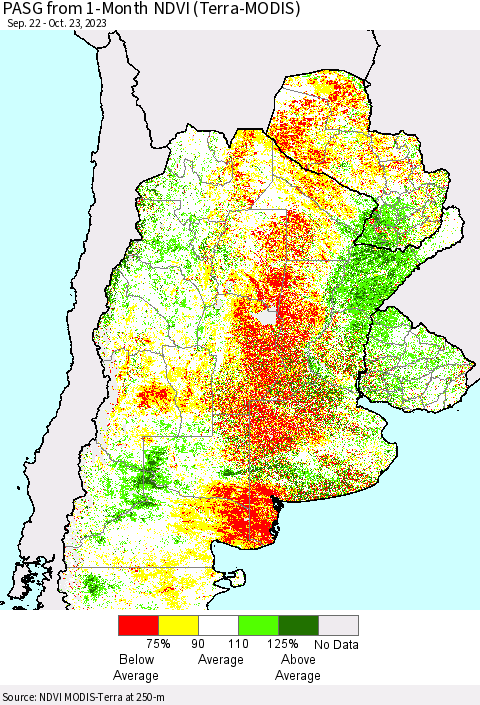 Southern South America PASG from 1-Month NDVI (Terra-MODIS) Thematic Map For 10/16/2023 - 10/23/2023