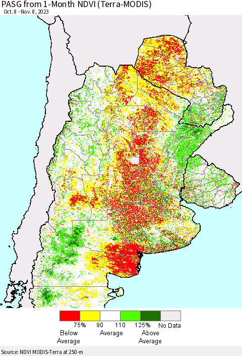 Southern South America PASG from 1-Month NDVI (Terra-MODIS) Thematic Map For 11/1/2023 - 11/8/2023