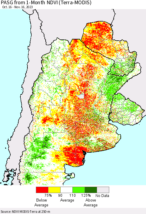 Southern South America PASG from 1-Month NDVI (Terra-MODIS) Thematic Map For 11/9/2023 - 11/16/2023