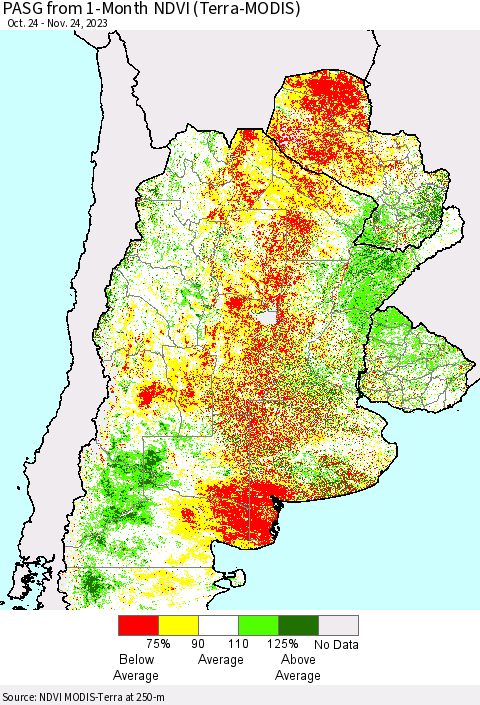 Southern South America PASG from 1-Month NDVI (Terra-MODIS) Thematic Map For 11/17/2023 - 11/24/2023