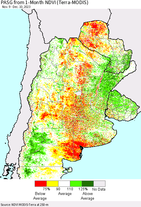 Southern South America PASG from 1-Month NDVI (Terra-MODIS) Thematic Map For 12/3/2023 - 12/10/2023