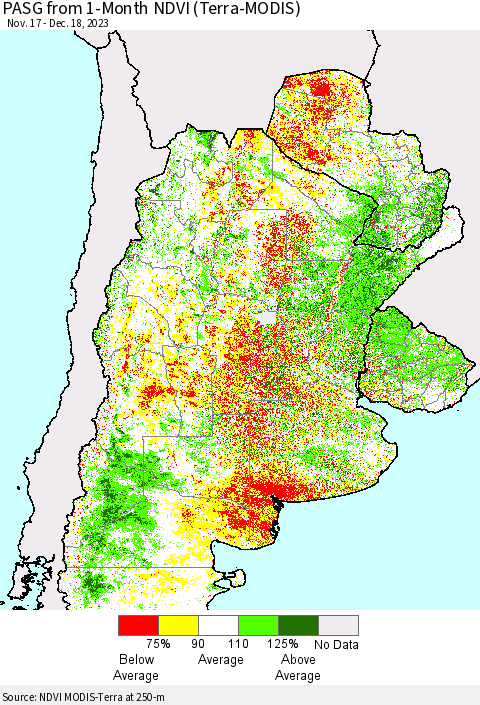 Southern South America PASG from 1-Month NDVI (Terra-MODIS) Thematic Map For 12/11/2023 - 12/18/2023