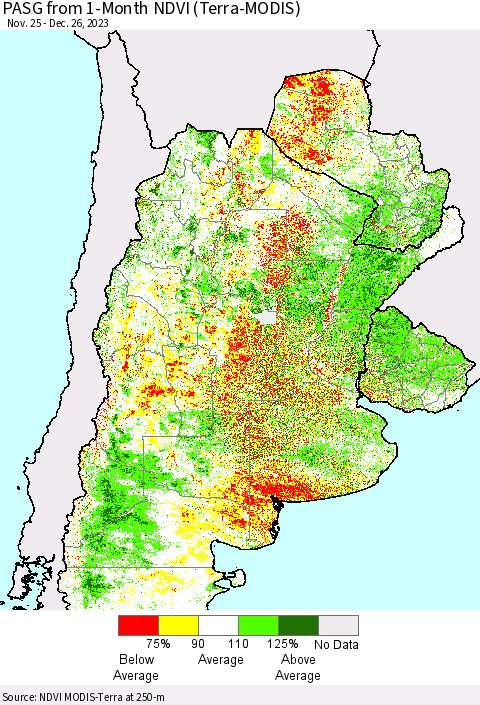 Southern South America PASG from 1-Month NDVI (Terra-MODIS) Thematic Map For 12/19/2023 - 12/26/2023
