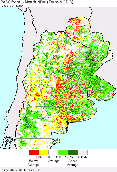 Southern South America PASG from 1-Month NDVI (Terra-MODIS) Thematic Map For 12/27/2023 - 1/3/2024