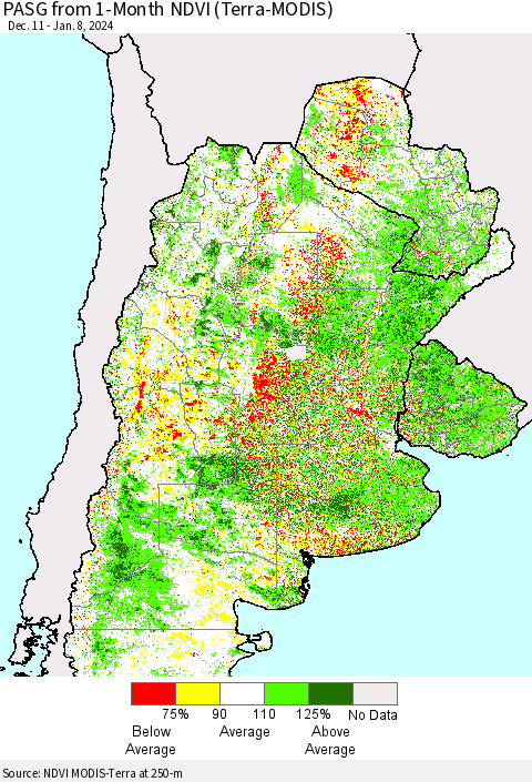 Southern South America PASG from 1-Month NDVI (Terra-MODIS) Thematic Map For 1/1/2024 - 1/8/2024